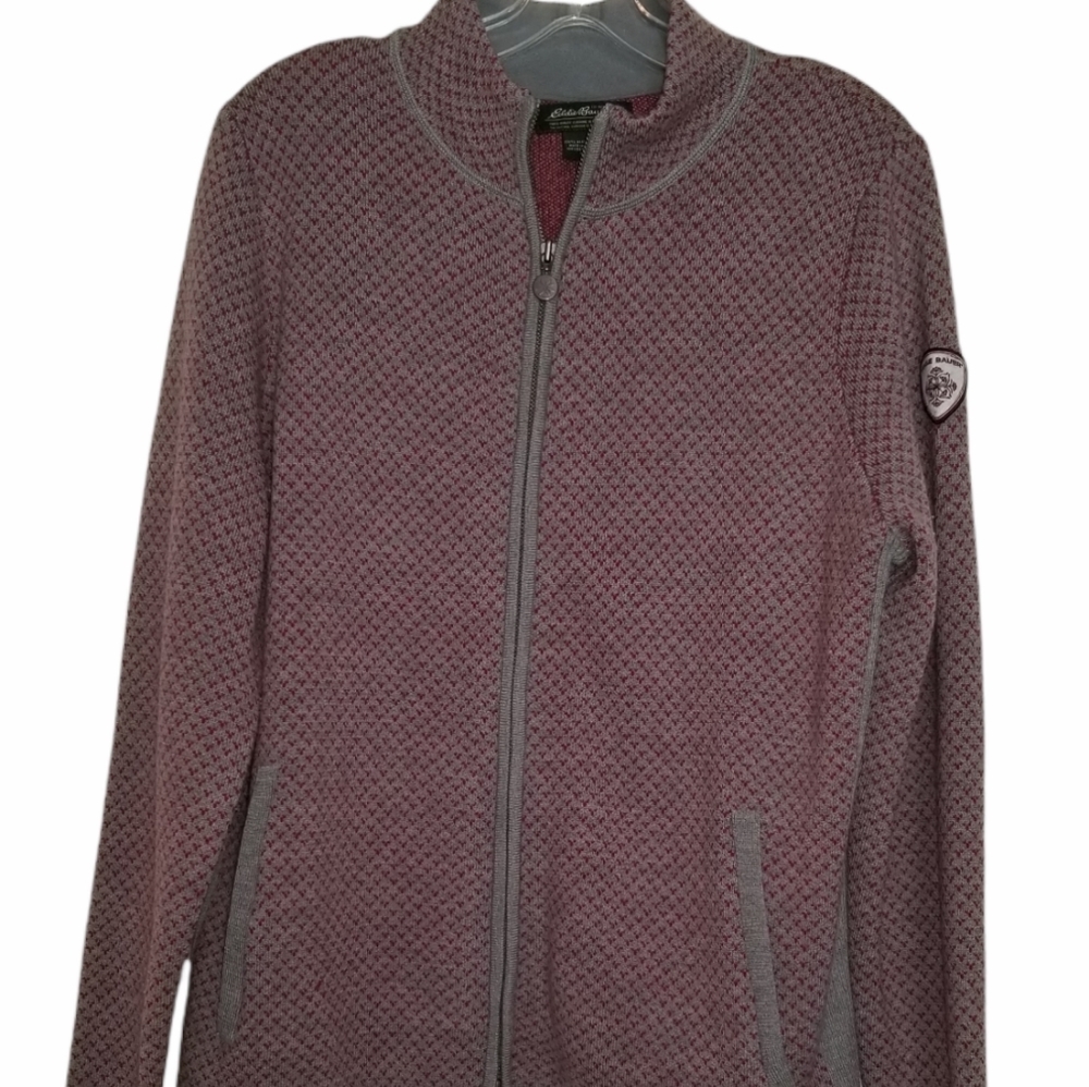 Women's Merino Wool Eddie Bauer Gray and Red Zip Up Sweater